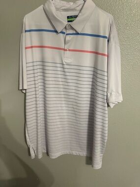 Unbranded White Polo Shirt with Blue and Coral Stripes